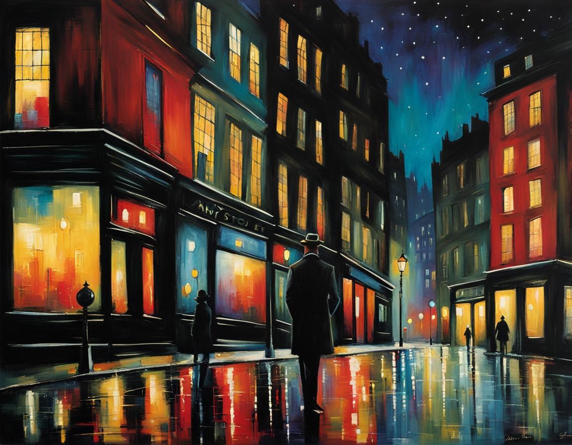 Nighttime Cityscape with Young Man in Rich Tones