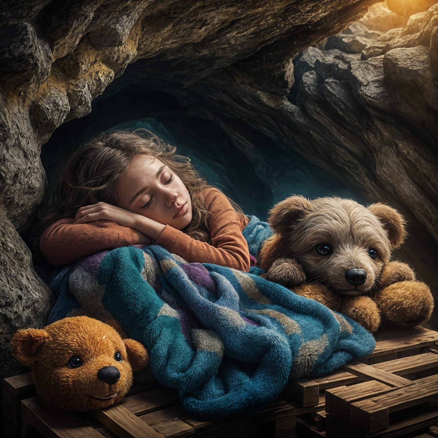 Sleepy Child with Stuffed Animal in Cave