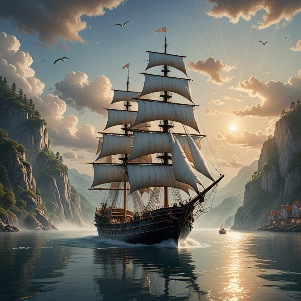 Majestic Gingham Ship in Serene Harbor