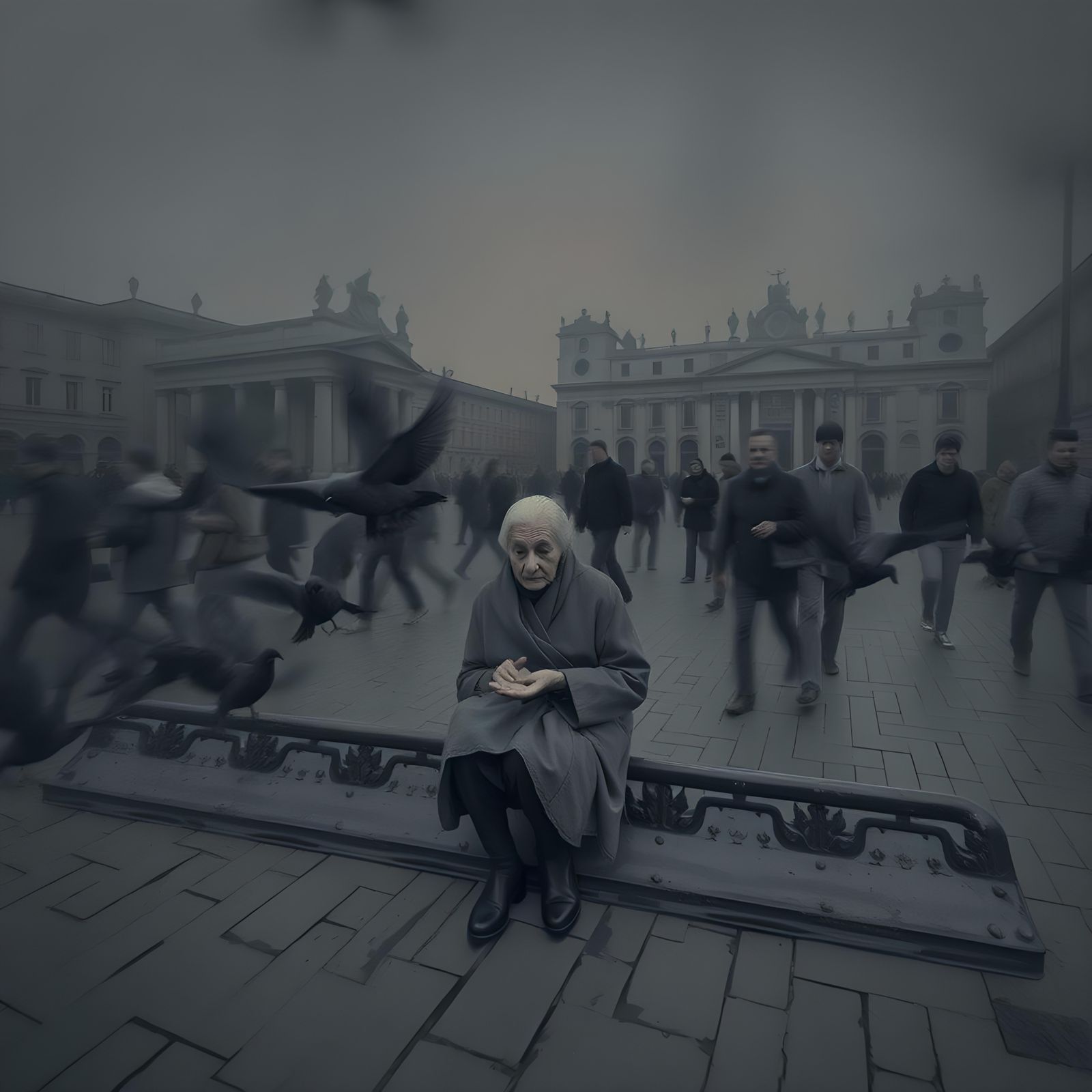Ghostly Crowd: Woman Feeds Pigeons, Long Exposure