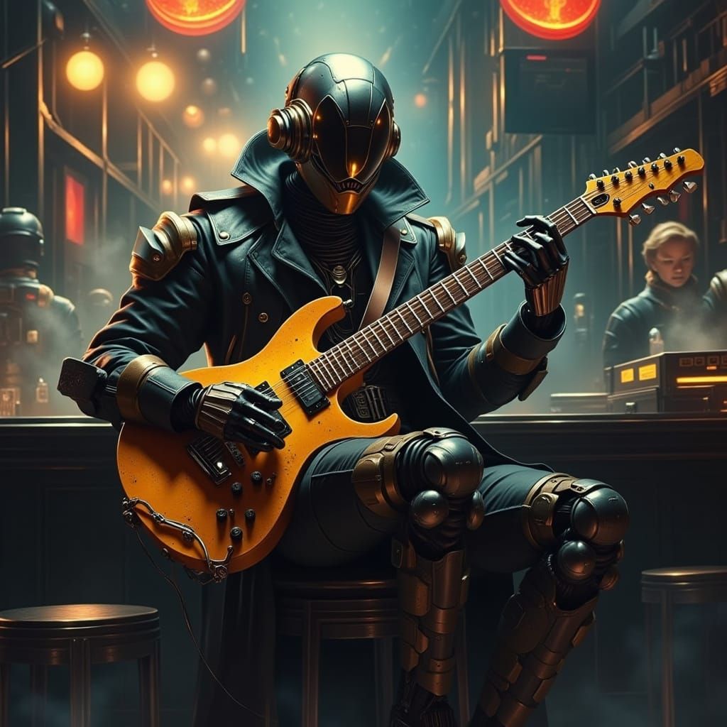 Retro-Futuristic Robot Shreds in Smoky Blues Bar