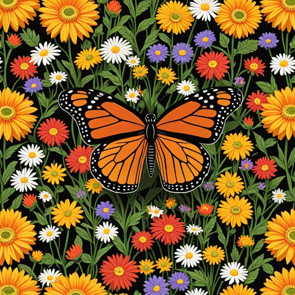 Cartoon Monarch Butterfly on Floral Throne