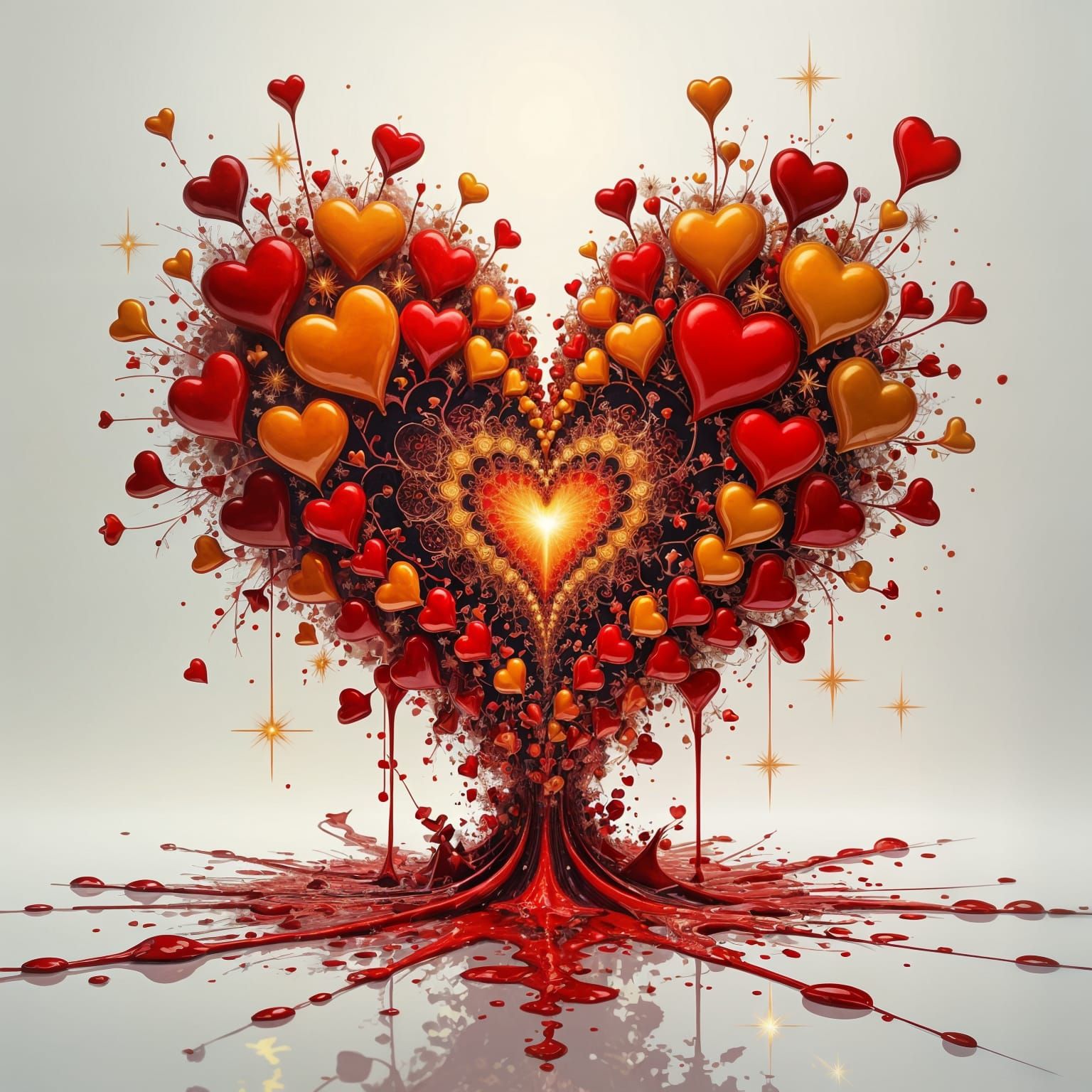 Majestic Fractal Hearts with Blood Flow and Gold Sparks