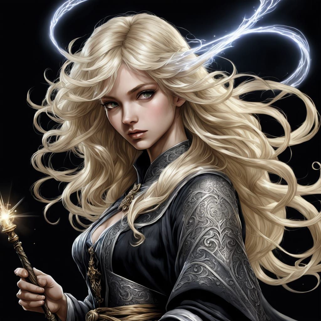 Blond Girl Wizard with Wand in Chiaroscuro Style