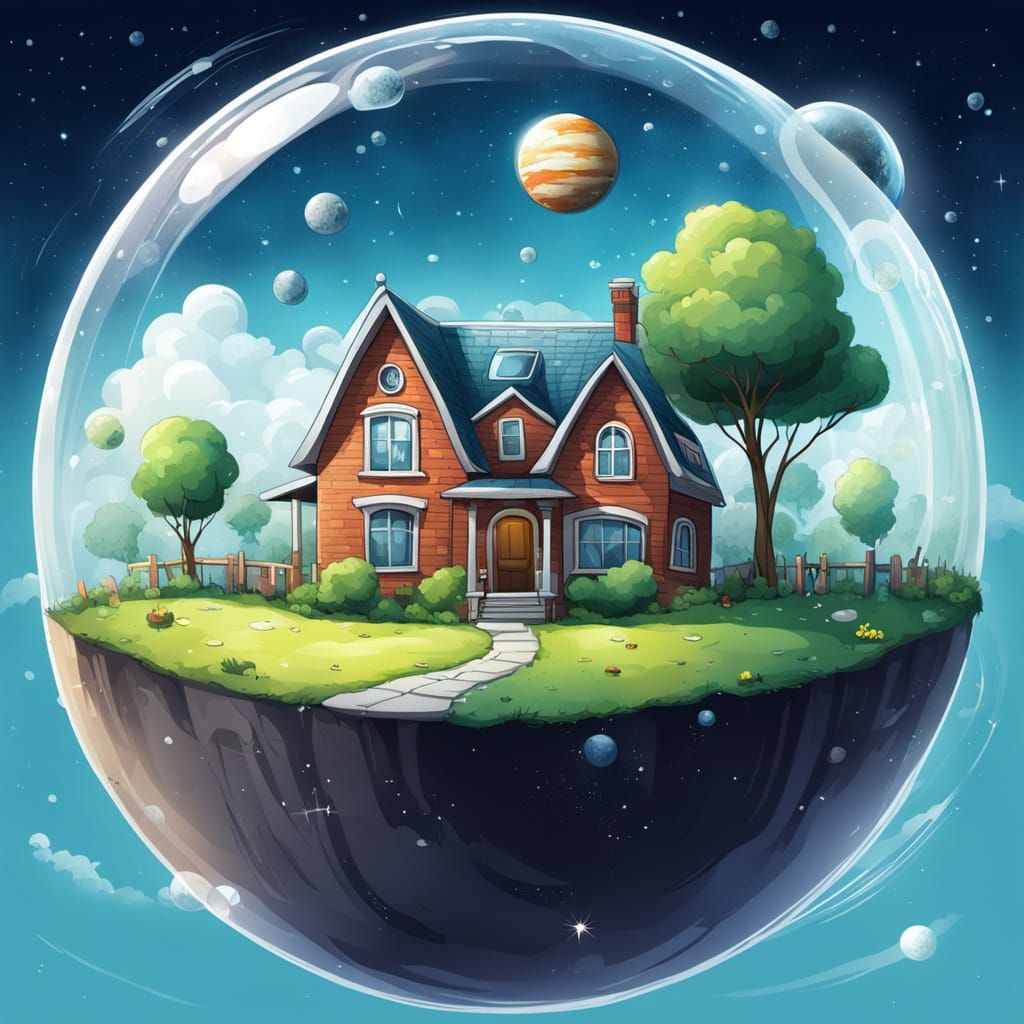 House in Bubble Floating in Space Cartoon