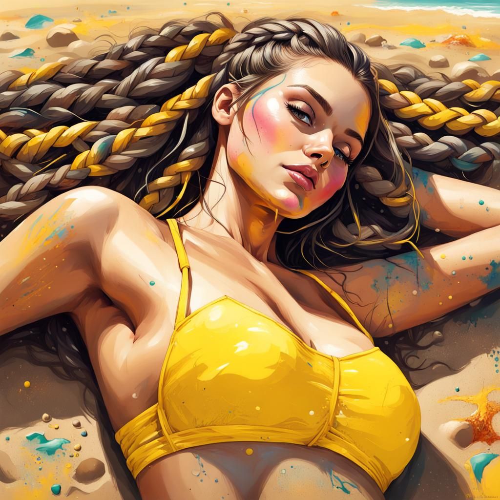 Brunette in Bikini: Graffiti Art Beach Scene