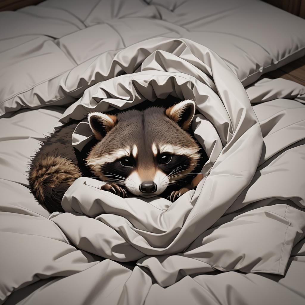 Sleepy Raccoon Curled on Bed: 3D Anime Art
