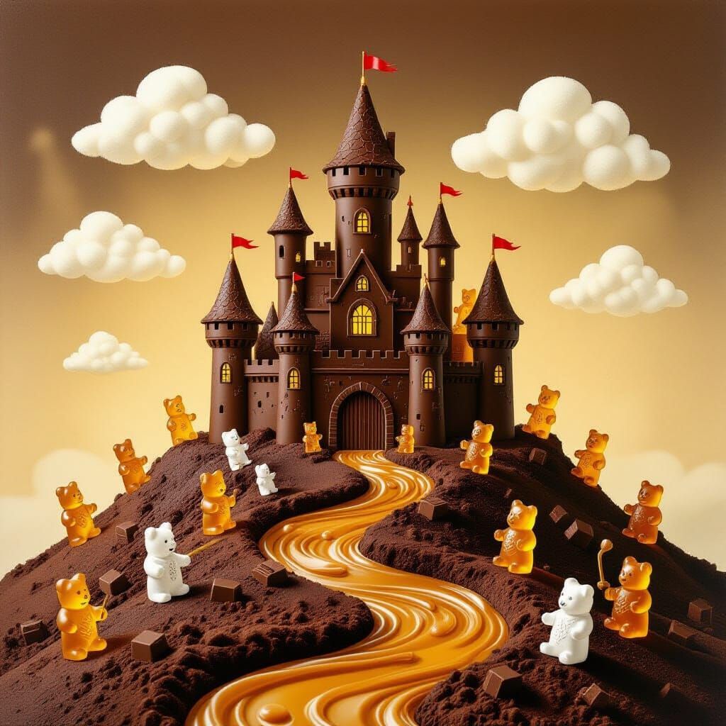 Chocolate Castle with Gummy Knights in Whimsical Style