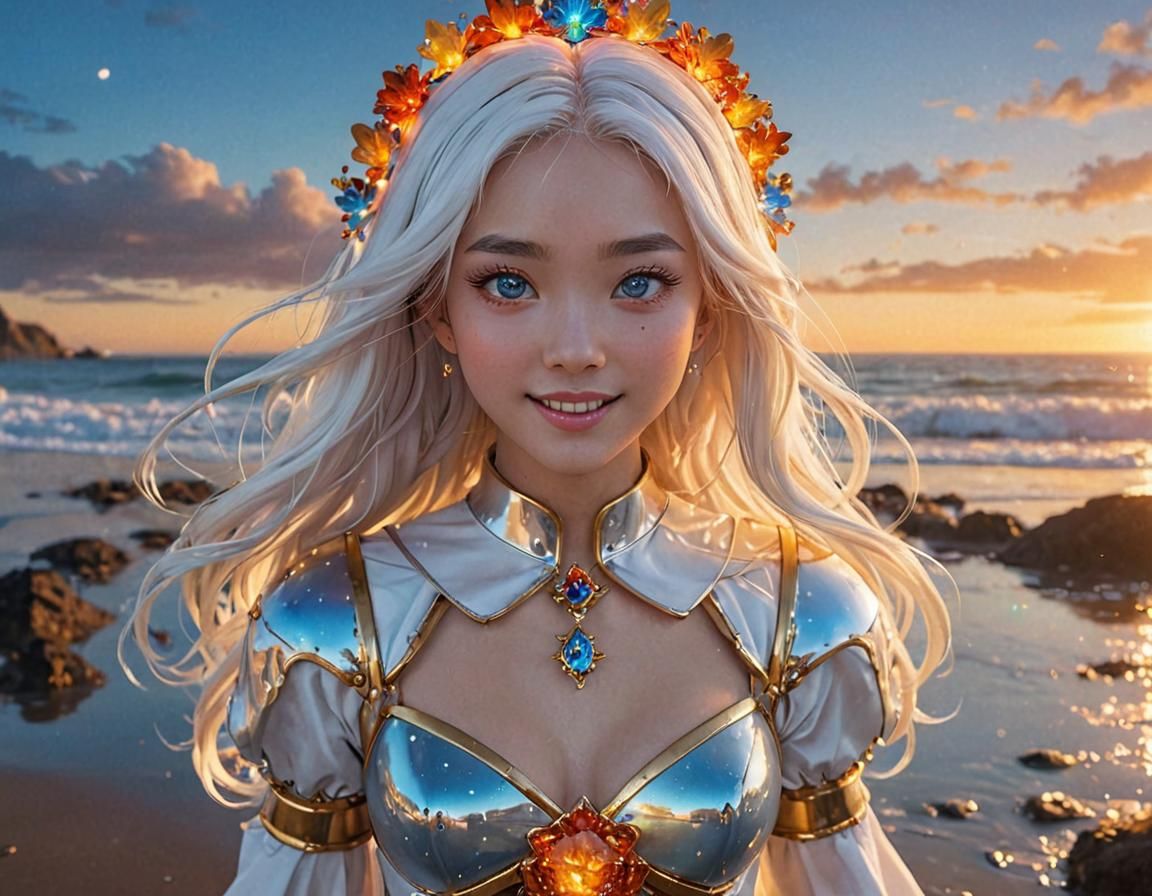 Asian Woman on Glass Beach in Anime Style