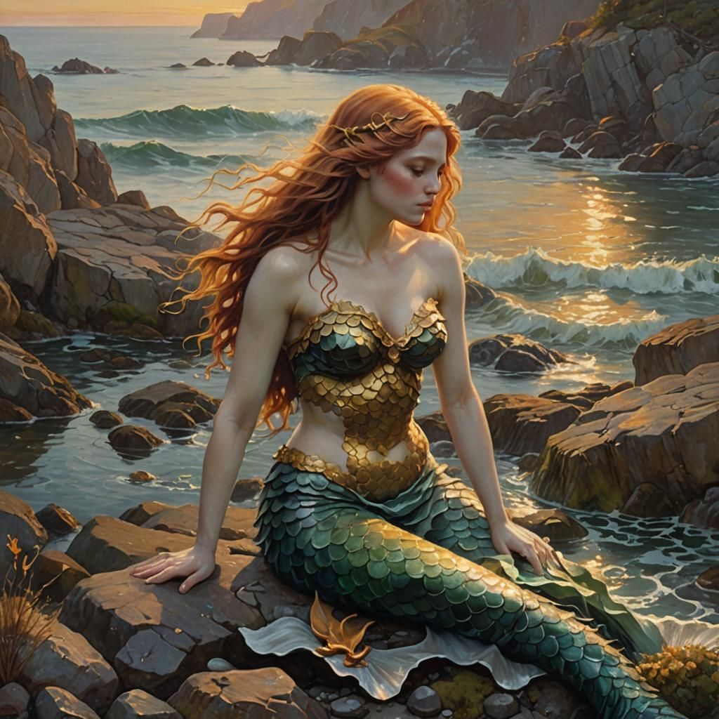 Headless Mermaid on Rocky Shore in Symbolist Style