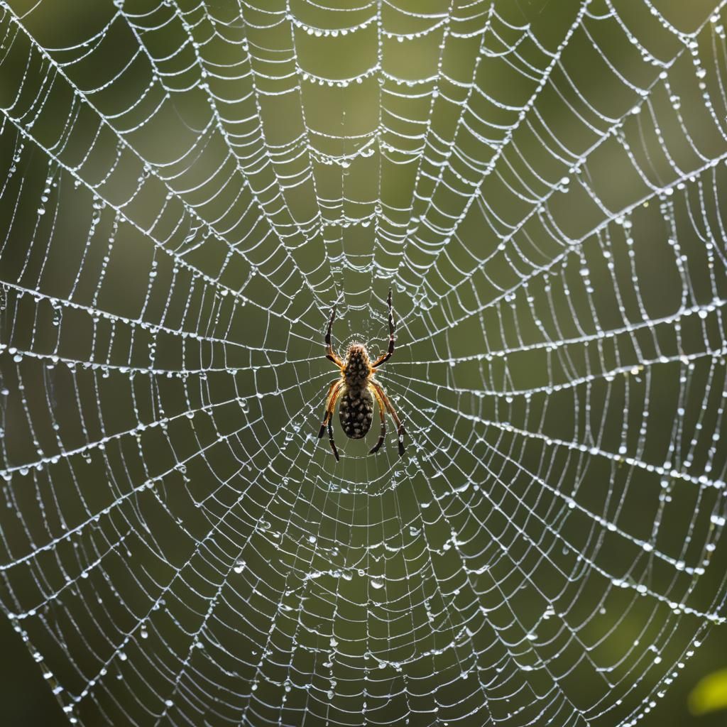 Spider in Dewy Web: Realistic Macro Close-Up