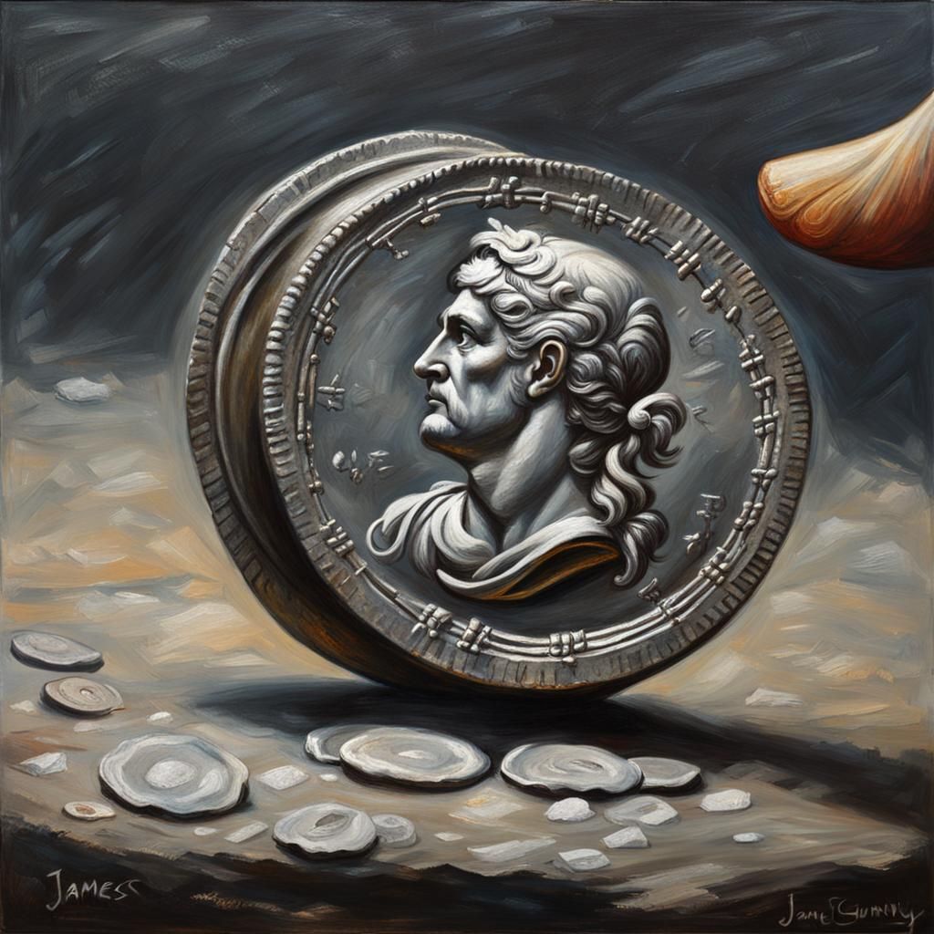 Spinning Ancient Silver Greek Coin in Oil Painting Style