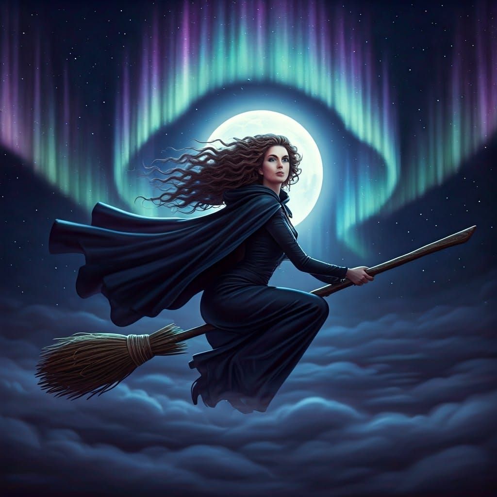 Enchanting Witch Flight Under Aurora Borealis