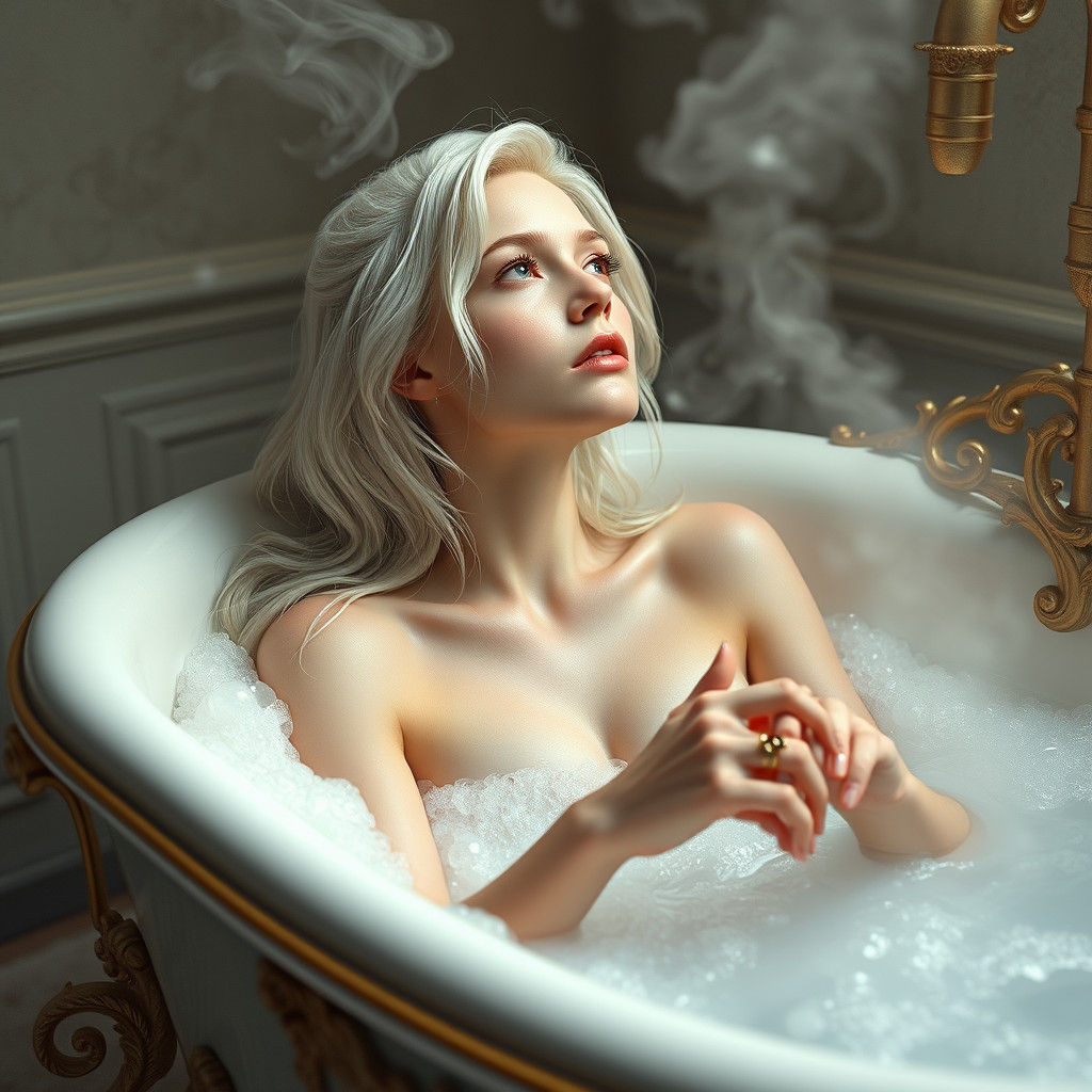 Ethereal Blonde Woman Basks in Antique Tub