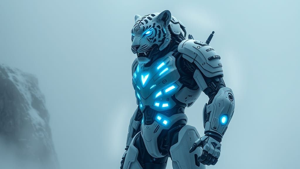 Cybernetic White Tiger Robot Bodybuilder in Sci-Fi Style