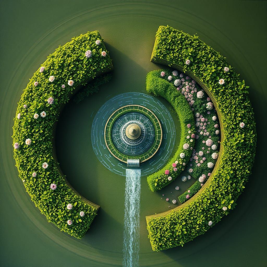 Surreal Symmetrical Gardens in Dreamlike Landscape