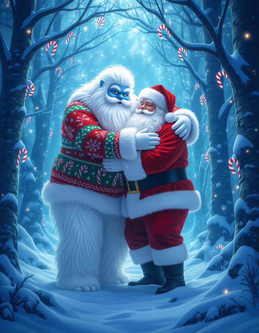 Yeti Hugs Santa in Ugly Sweater Above Snowy Forest