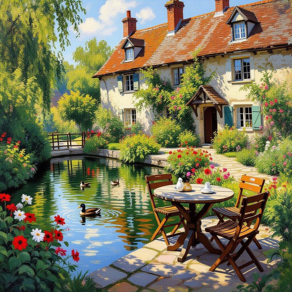 Medieval Garden with Pond in Impressionistic Style