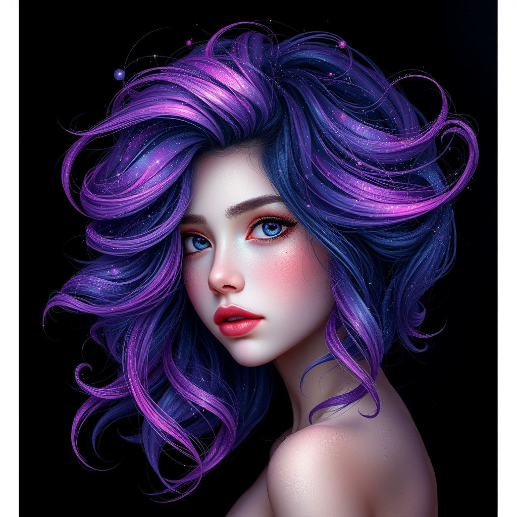 Girl with Celestial locks against a Deep Black Background