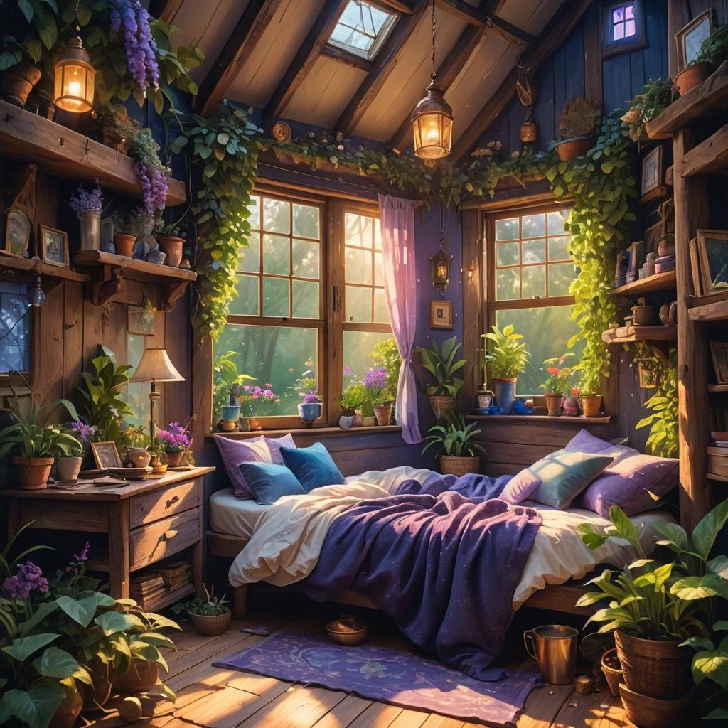 Whimsical Fantasy Cottage Interior in Watercolor Style