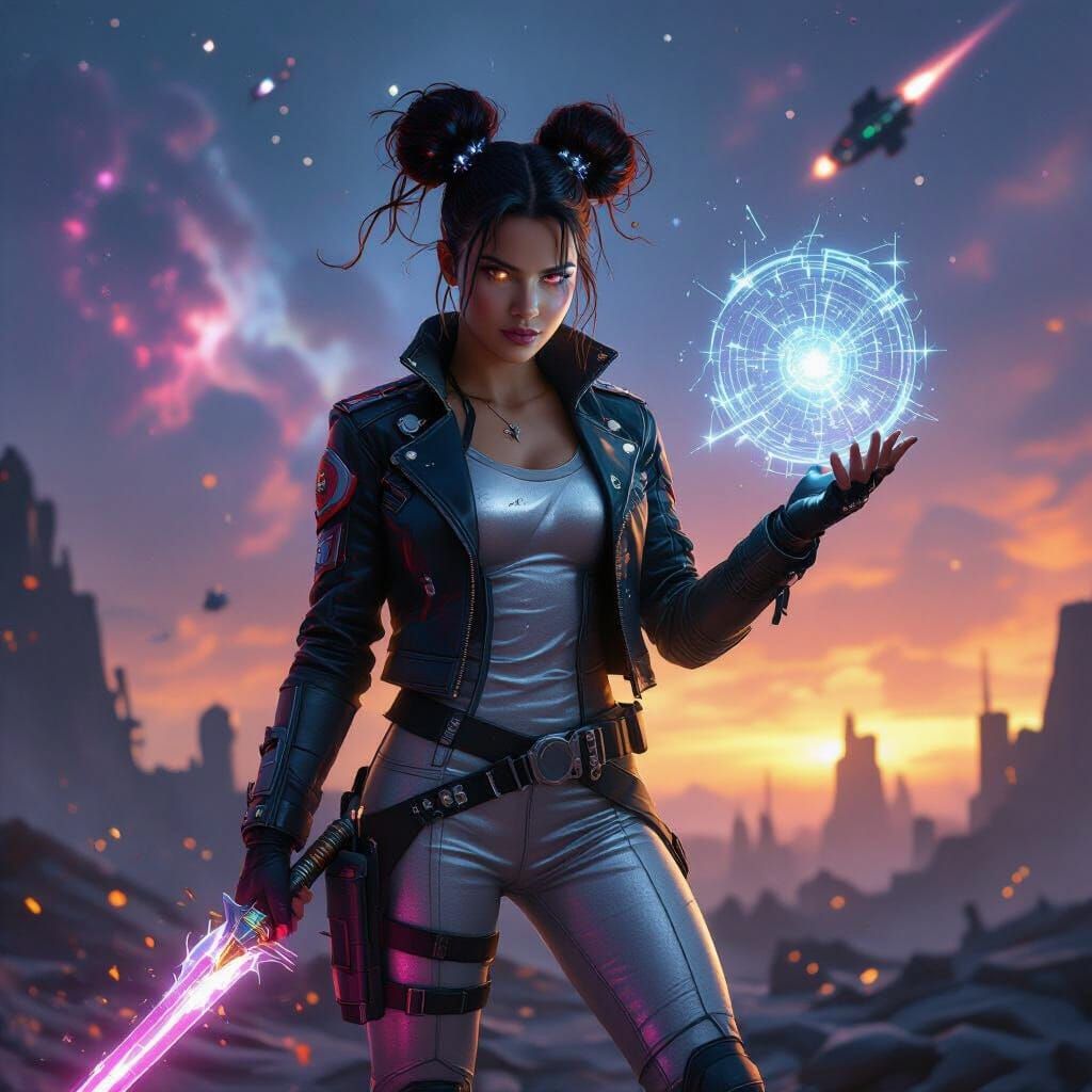 Seraphina Starflare: Rebel Commander Amidst Starship Ruins