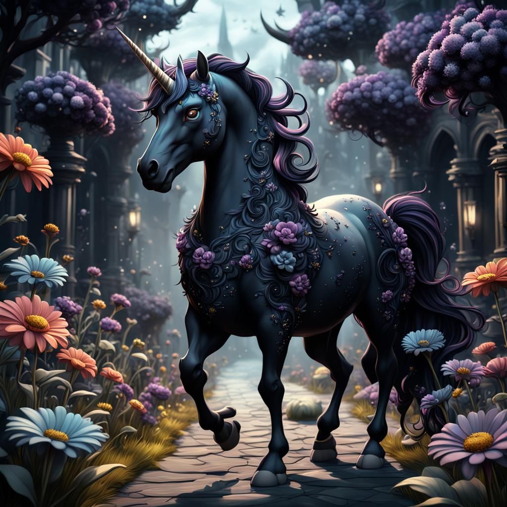 Dark Unicorn with Black Flowers in Cartoon Style