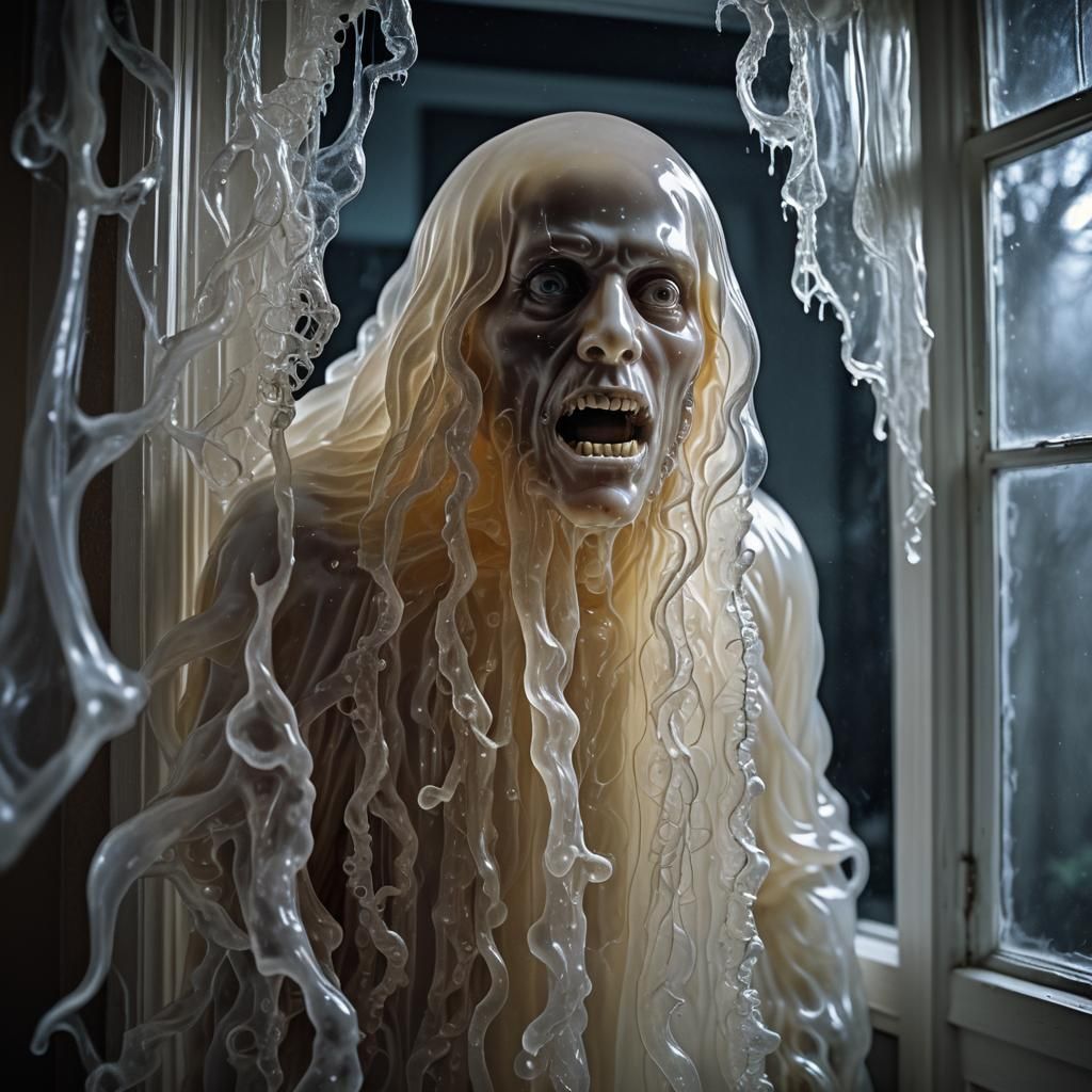 Ethereal Jelly Ghost Peering Through Window: Hyperrealistic
