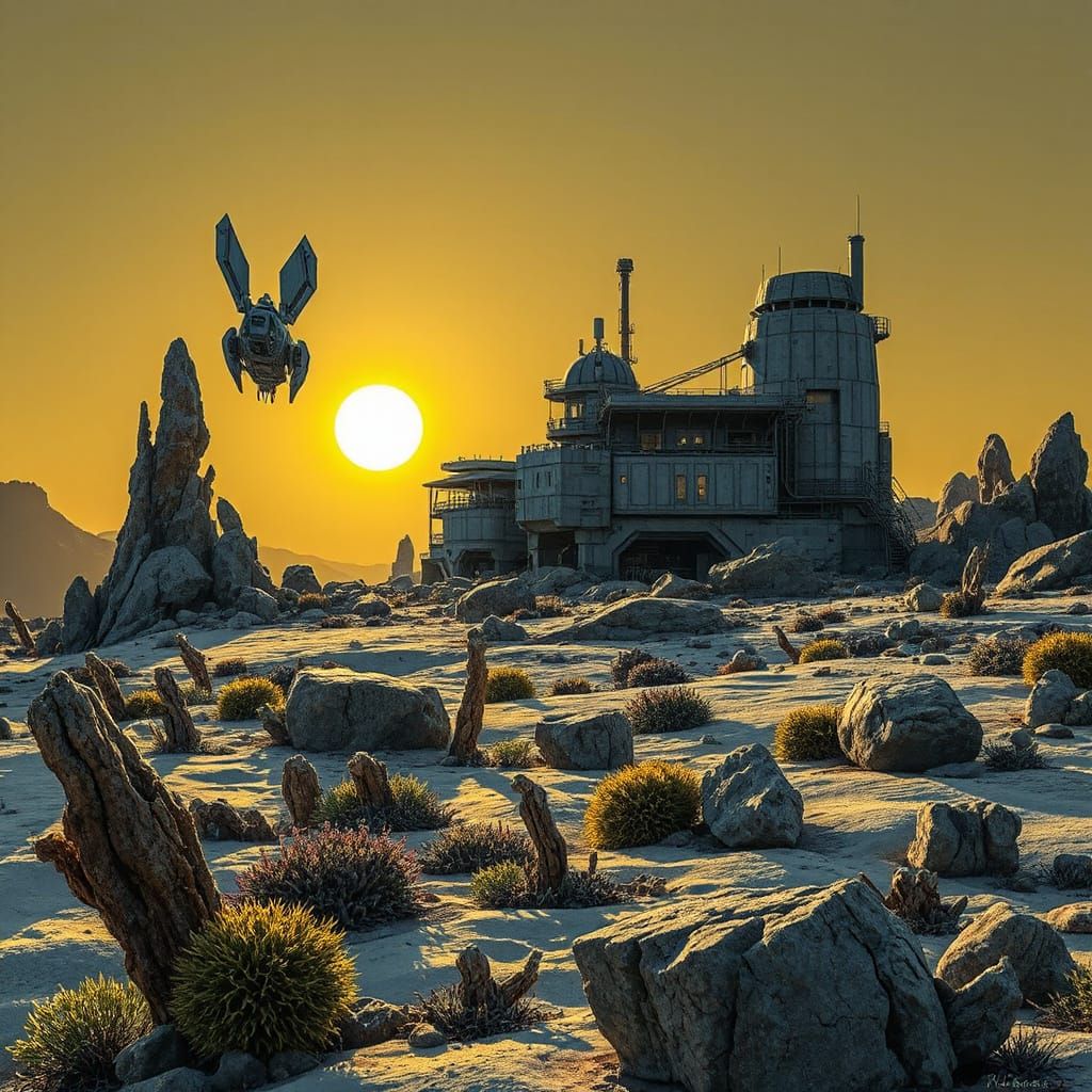 Sci-Fi Mining Plant on Asteroid in Moebius Style