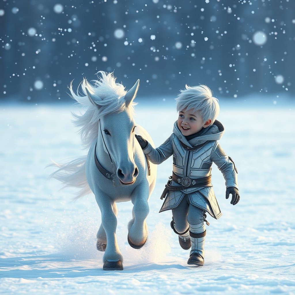 Futuristic Boy Meets Majestic Snow Pony in Snowy Whimsy