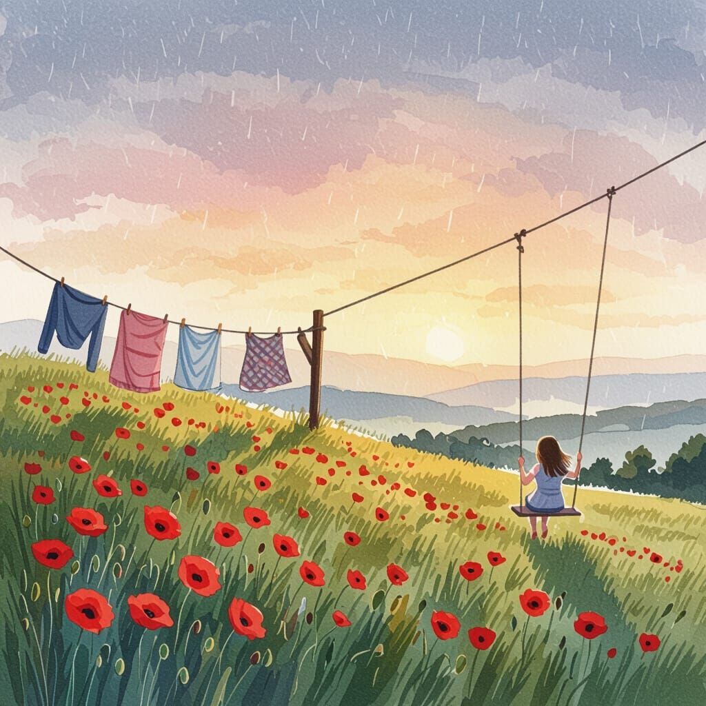Poppy Field Vista with Girl on Swing, Watercolor
