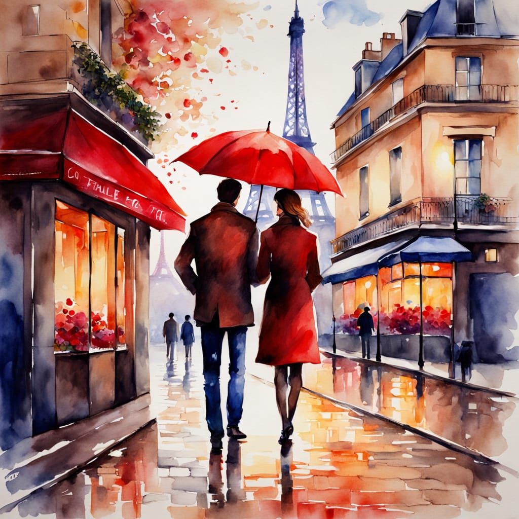 Romantic Paris Alleyway Couple Under Red Umbrella Watercolor