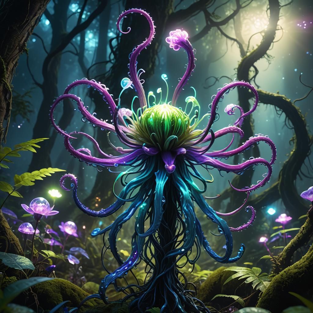 Bioluminescent Alien Flower in Mystical Forest