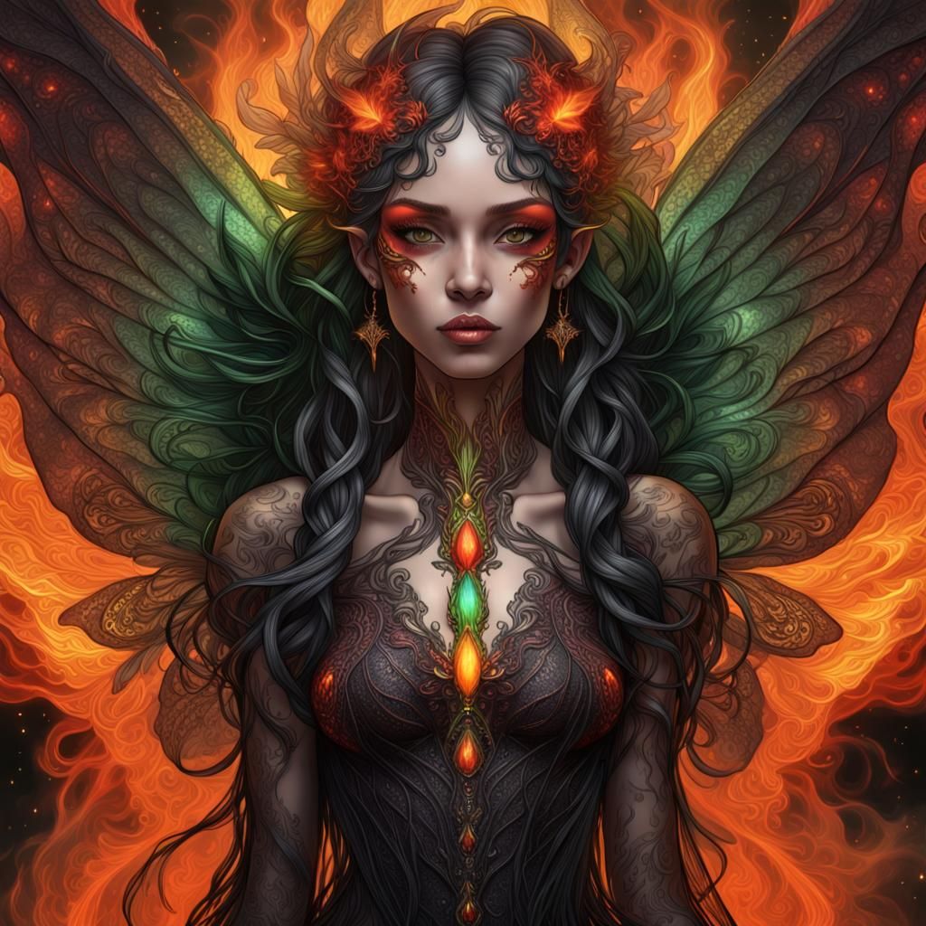 Crystal Fairy Portrait with Fiery Wings in Surreal Style