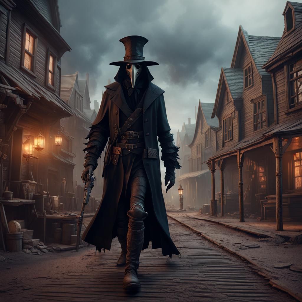 Steampunk Plague Doctor in Dark Western Town