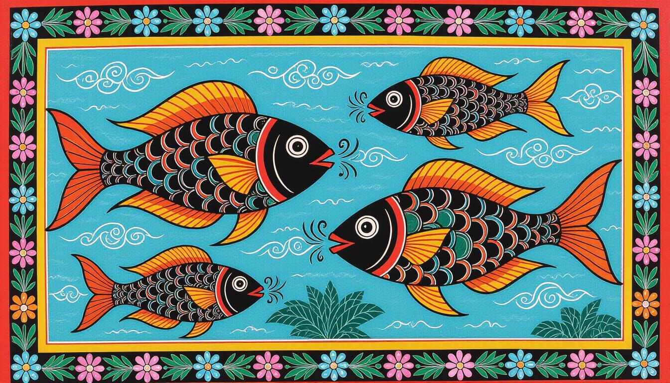 Madhubani Painting of Flying Fishes