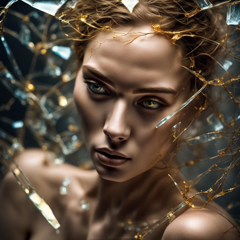 Translucent Woman: Broken Glass and Gold Halo