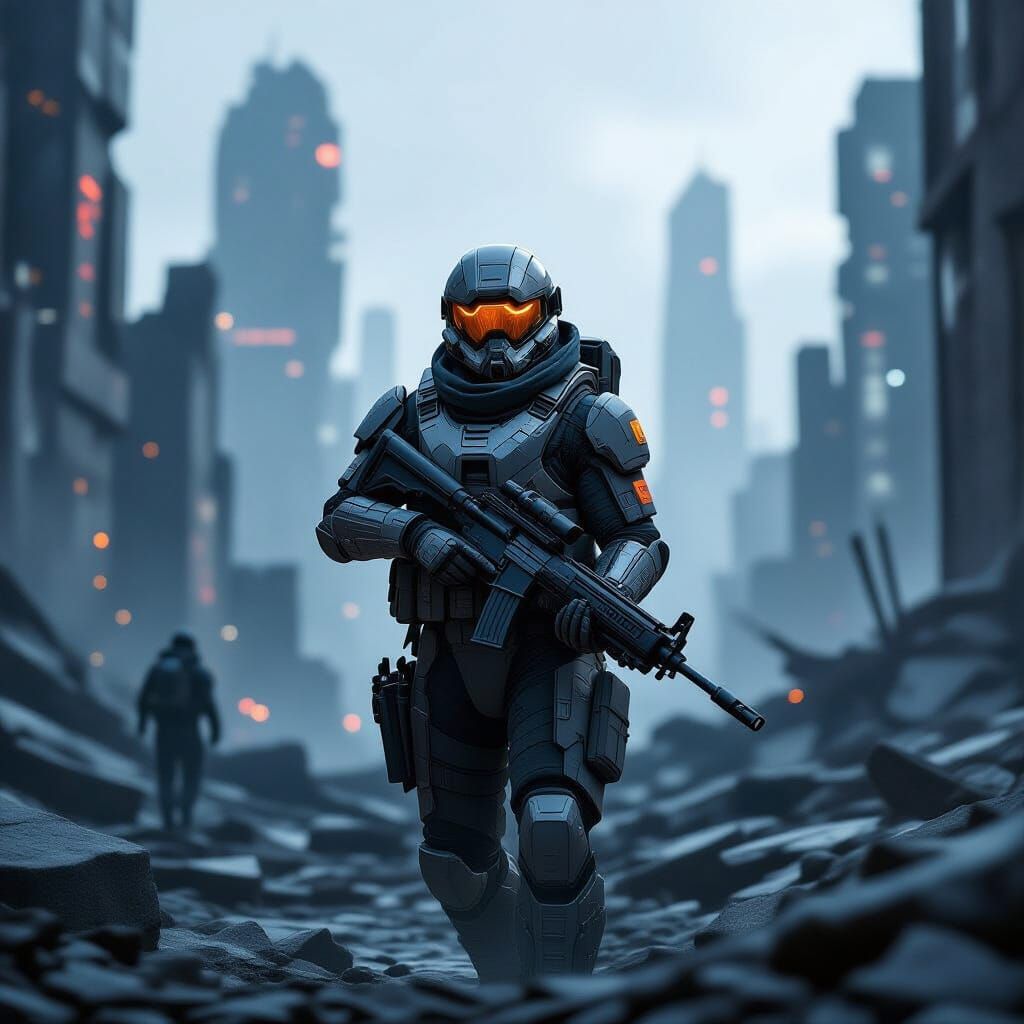 Sci-Fi Soldier in Alien City Ruins Concept Art