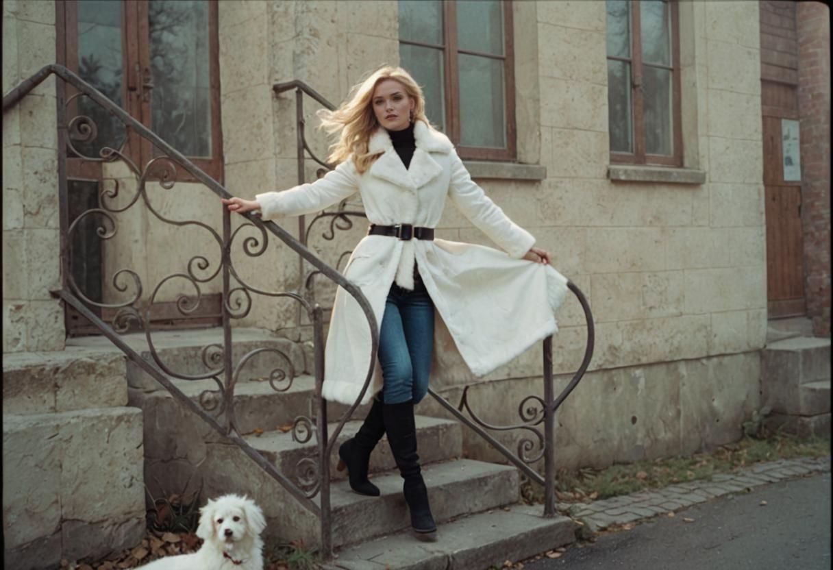 Stylish Blonde Woman in Fur Coat: Cinematic Film Still
