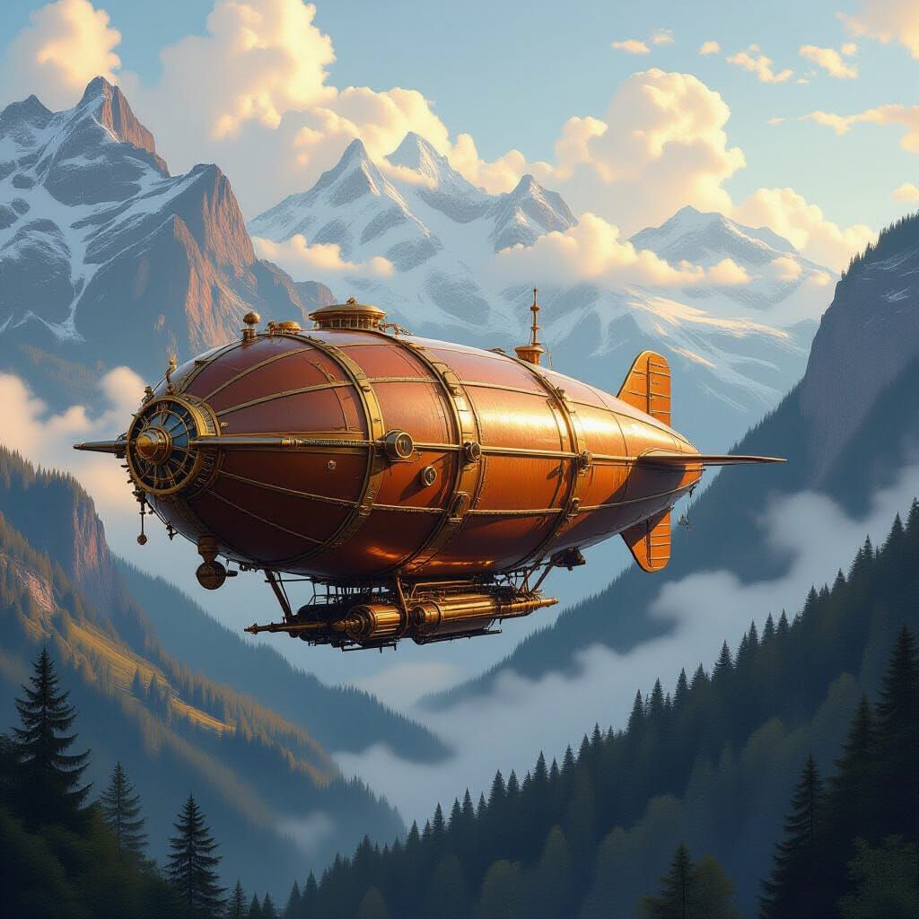 Steampunk Zeppelin Over Alpine Valley: Hyperrealistic Digita...