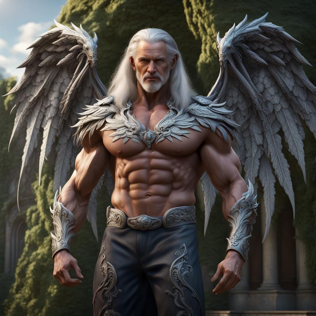 Winged Silver-Haired Man in Detailed Matte Painting