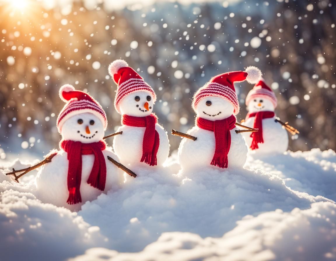 Smiling Snowmen in Winter Wonderland with Christmas Hats