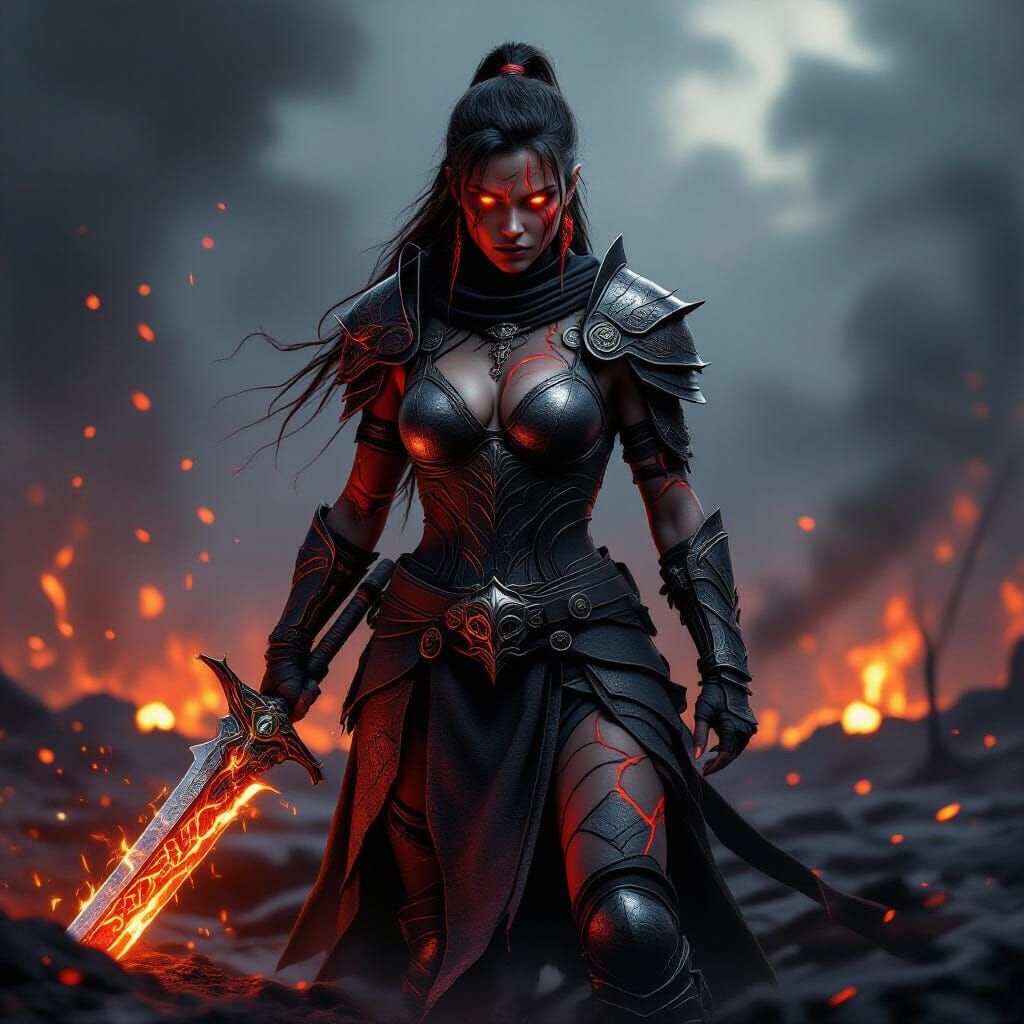 Warrior in Molten Armor on Smoldering Battlefield