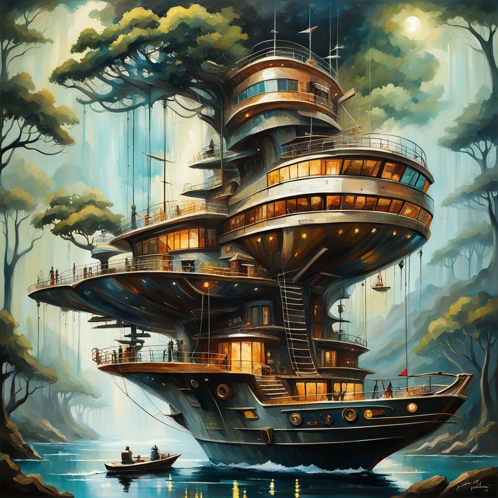 Steampunk Ship with Biomorphic Design in Surreal Ocean