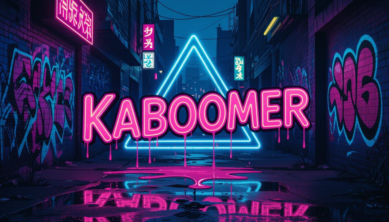 Neon "KABOOMER" in Synthwave Urban Alley
