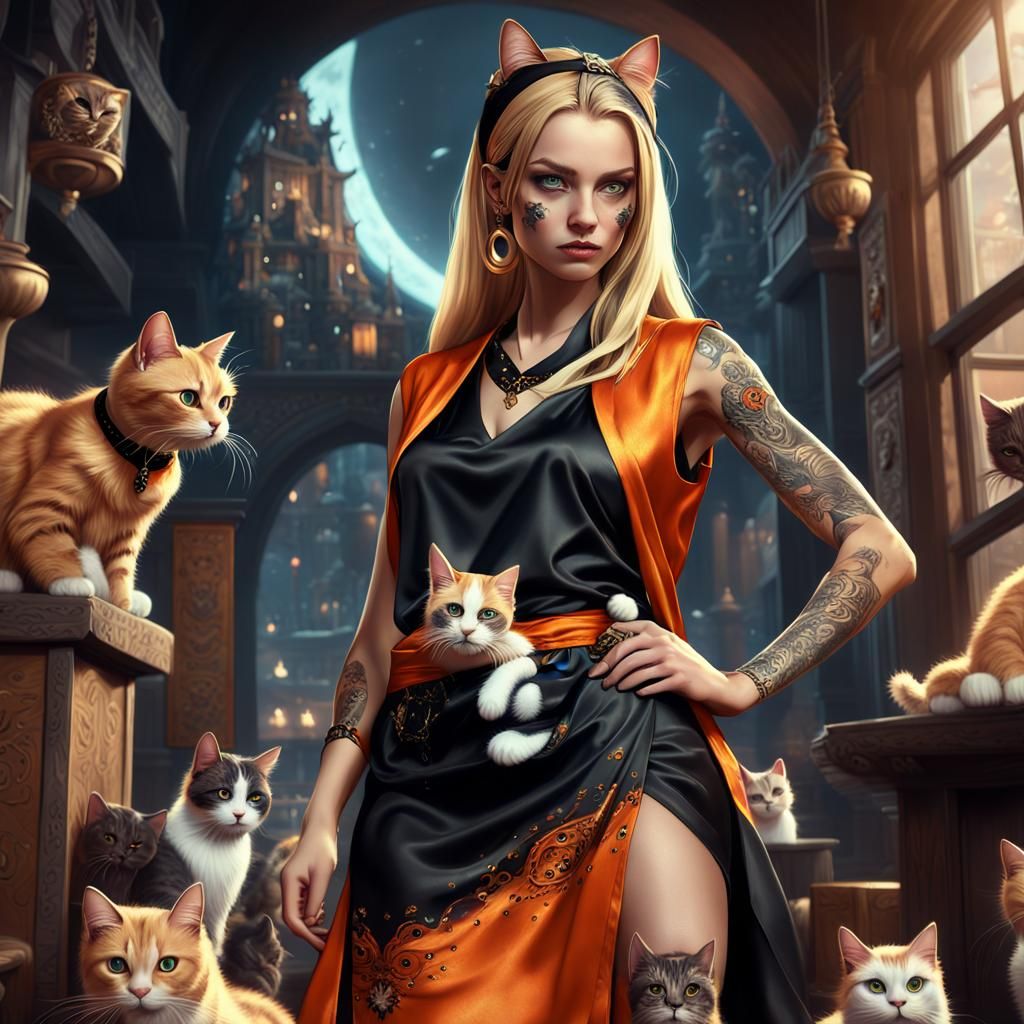 Tattooed Woman with Cats: Fantasy Concept Art