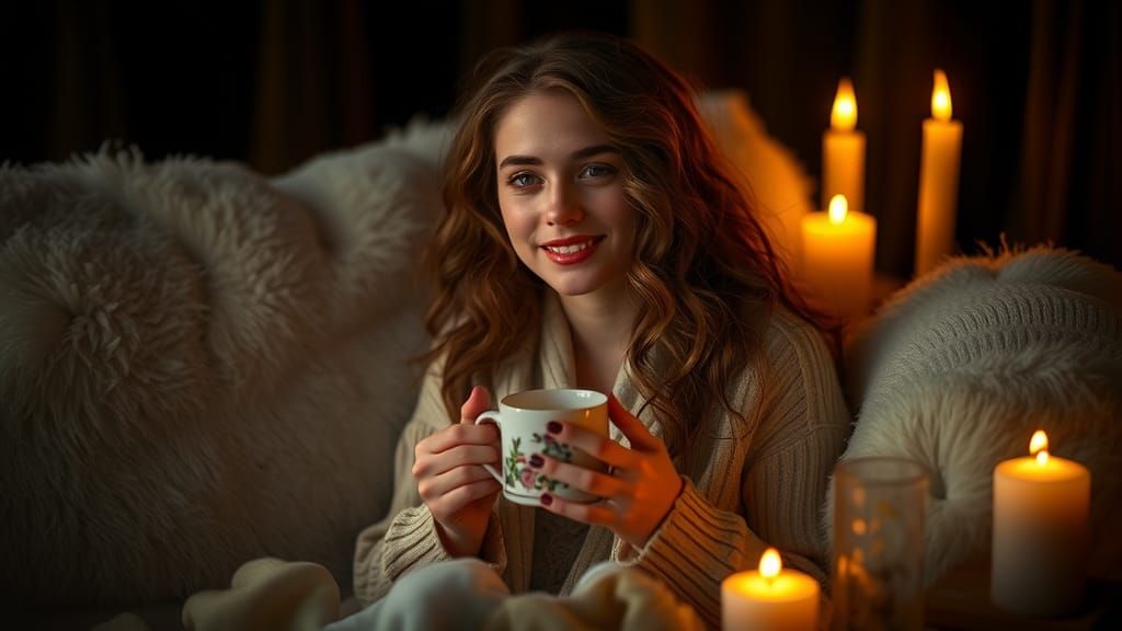 Woman with Tea in Warm Candlelight, RTX Realism