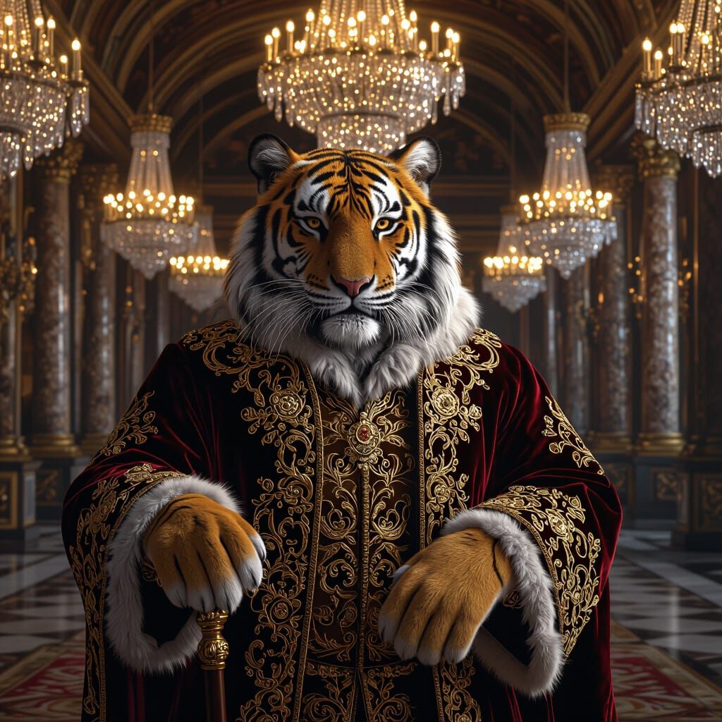 Renaissance Tiger in Palace Hall with Ornate Coat