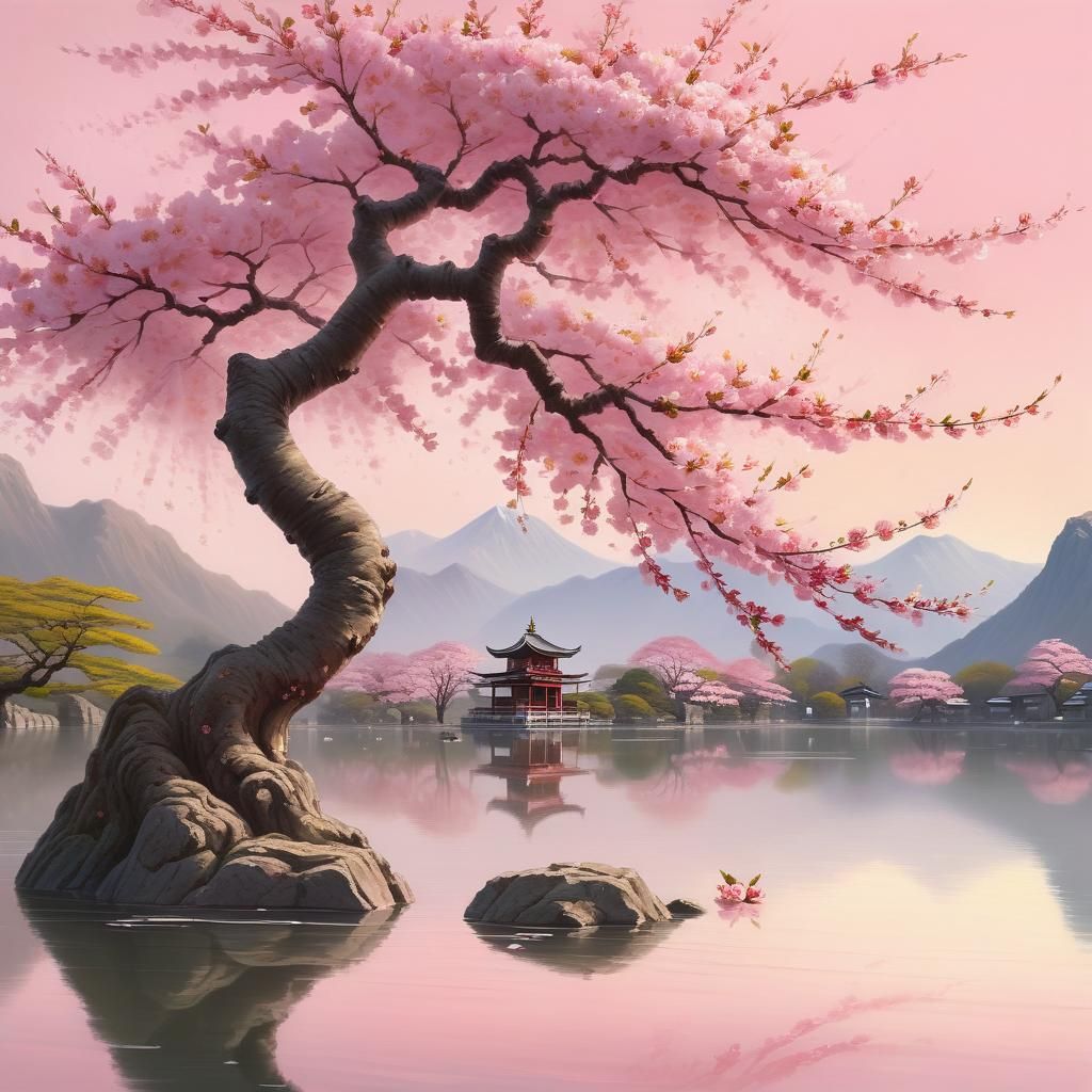 Serene Sakura Tree in Surreal Japanese Landscape