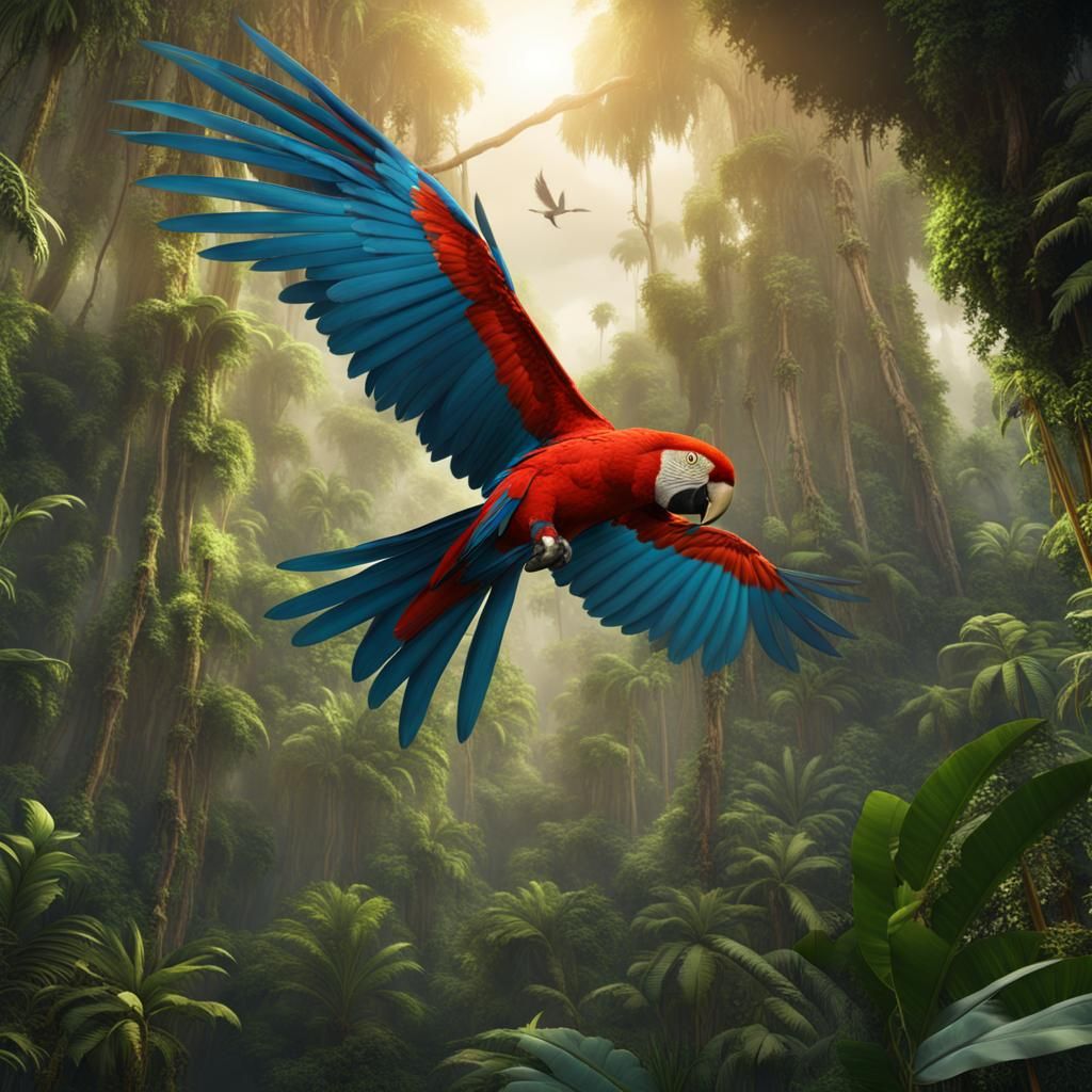 Macaw in Flight: Detailed Fantasy Rainforest Scene