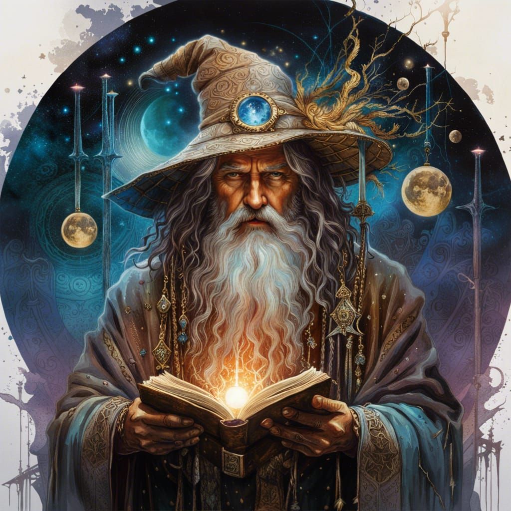 Enigmatic Wizard Conjuring Spells: Detailed Digital Painting